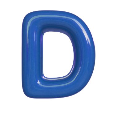 Parlak mavi renkli D harfi. Kabarcık yazı tipinin 3D görüntüsü beyaz arkaplanda izole edilmiş.