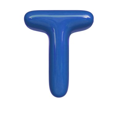 Parlak mavi renkli T harfi. Kabarcık yazı tipinin 3D görüntüsü beyaz arkaplanda izole edilmiş.