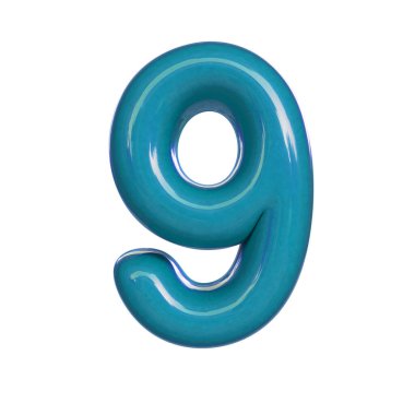 Parlak mavi numara dokuz, dokuz. Kabarcık yazıtipinin 3B görüntüsü beyaz arkaplanda izole edildi