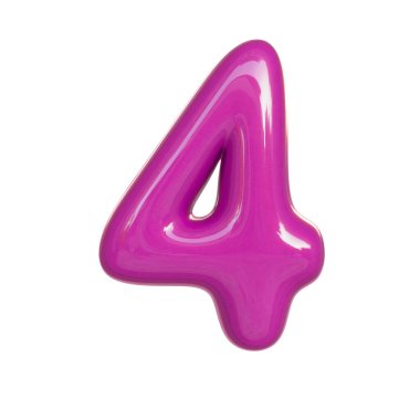 Dört numaralı parlak pembe, dört numara. Kabarcık yazıtipinin 3B görüntüsü beyaz arkaplanda izole edildi