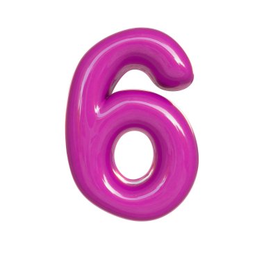 Parlak pembe numara 6, 6. Kabarcık yazıtipinin 3B görüntüsü beyaz arkaplanda izole edildi