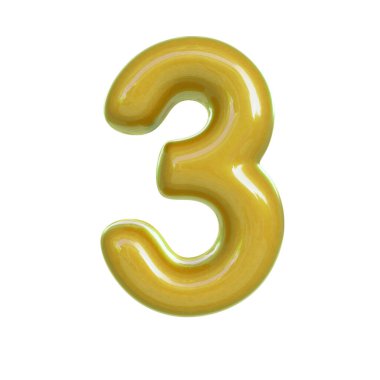 Parlak sarı numara üç, üç. Kabarcık yazıtipinin 3B görüntüsü beyaz arkaplanda izole edildi