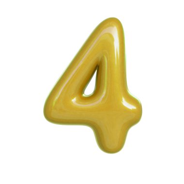 Parlak sarı dört numara, 4. Kabarcık yazıtipinin 3B görüntüsü beyaz arkaplanda izole edildi