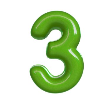 Parlak yeşil numara üç, üç. Kabarcık yazıtipinin 3B görüntüsü beyaz arkaplanda izole edildi