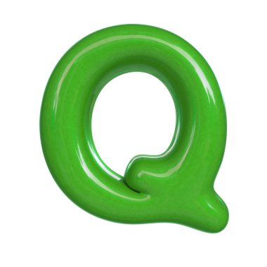 Parlak yeşil renkli Q harfi. Kabarcık yazıtipinin 3B görüntüsü beyaz arkaplanda izole edildi