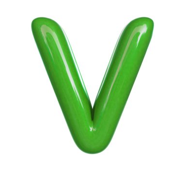 Parlak yeşil renkli V harfi. Kabarcık yazı tipinin 3D görüntüsü beyaz arkaplanda izole edilmiş.