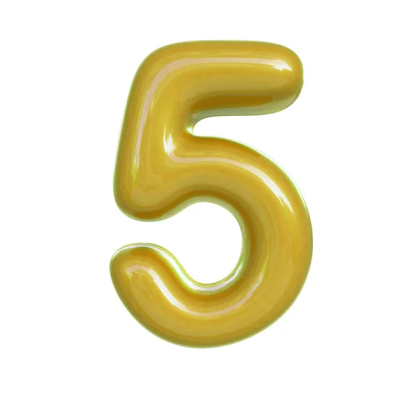 Glossy Yellow Number Five Render Bubble Font Isolated White Background — Stock Photo, Image