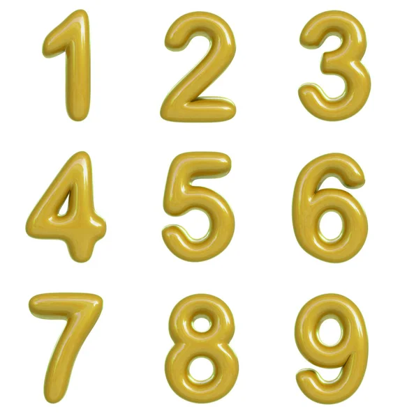Γυαλιστερός Κίτρινος Αριθμός Καθιστούν Γραμματοσειρά Φυσαλίδων Απομονωμένη Λευκό Φόντο — Φωτογραφία Αρχείου