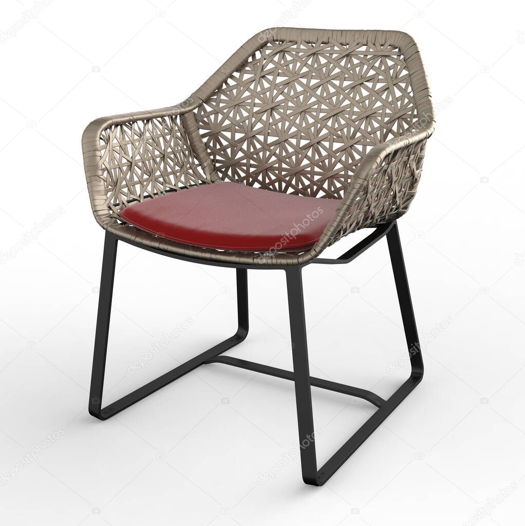 Rattan chair with black metal legs on white background. 3d render