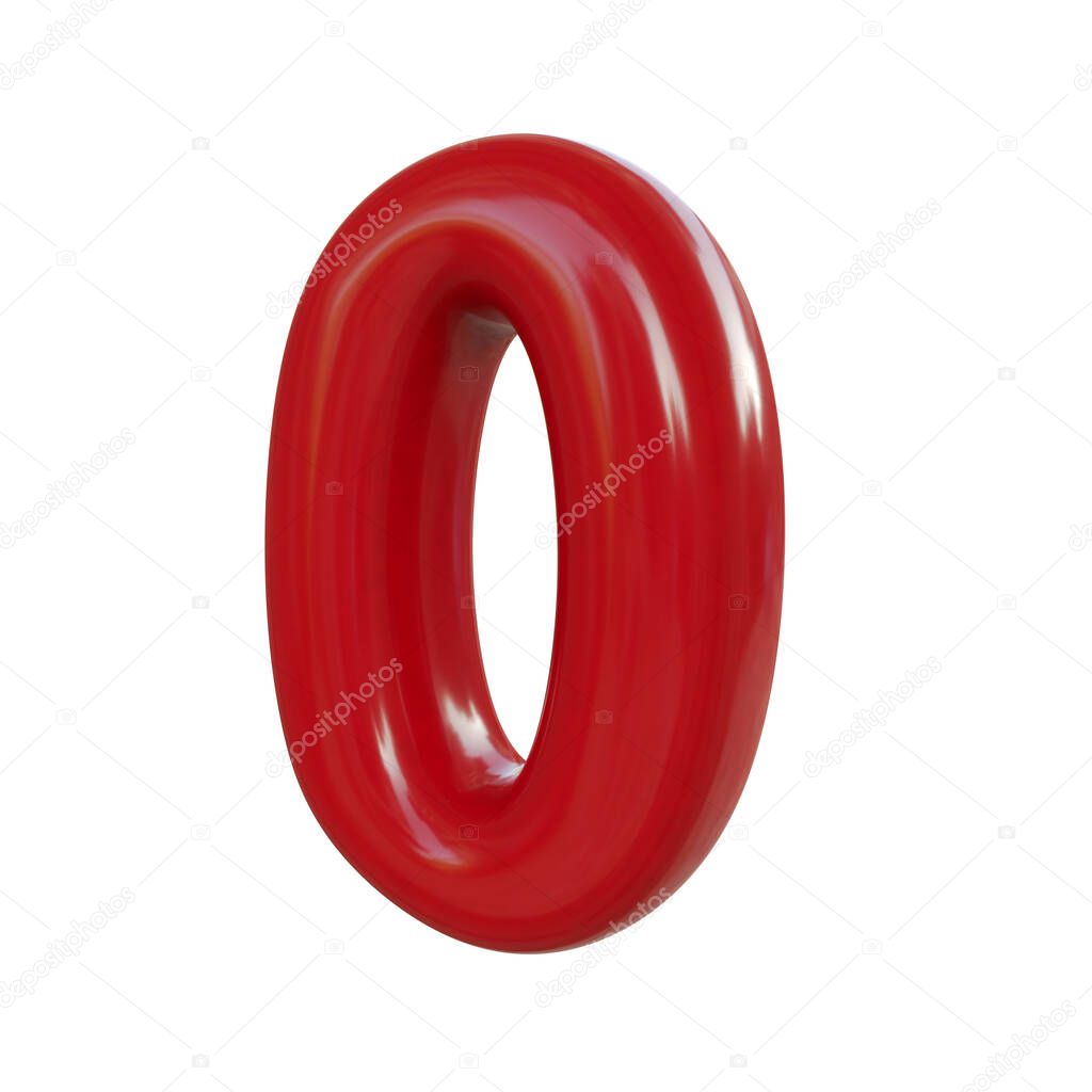 Glossy red number zero, 0. 3D render of bubble font isolated on white background