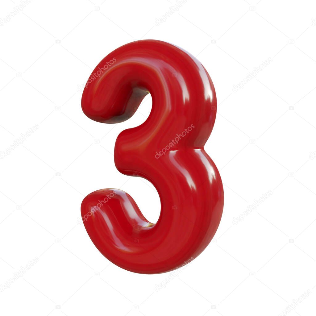 Glossy red number three, 3. 3D render of bubble font isolated on white background