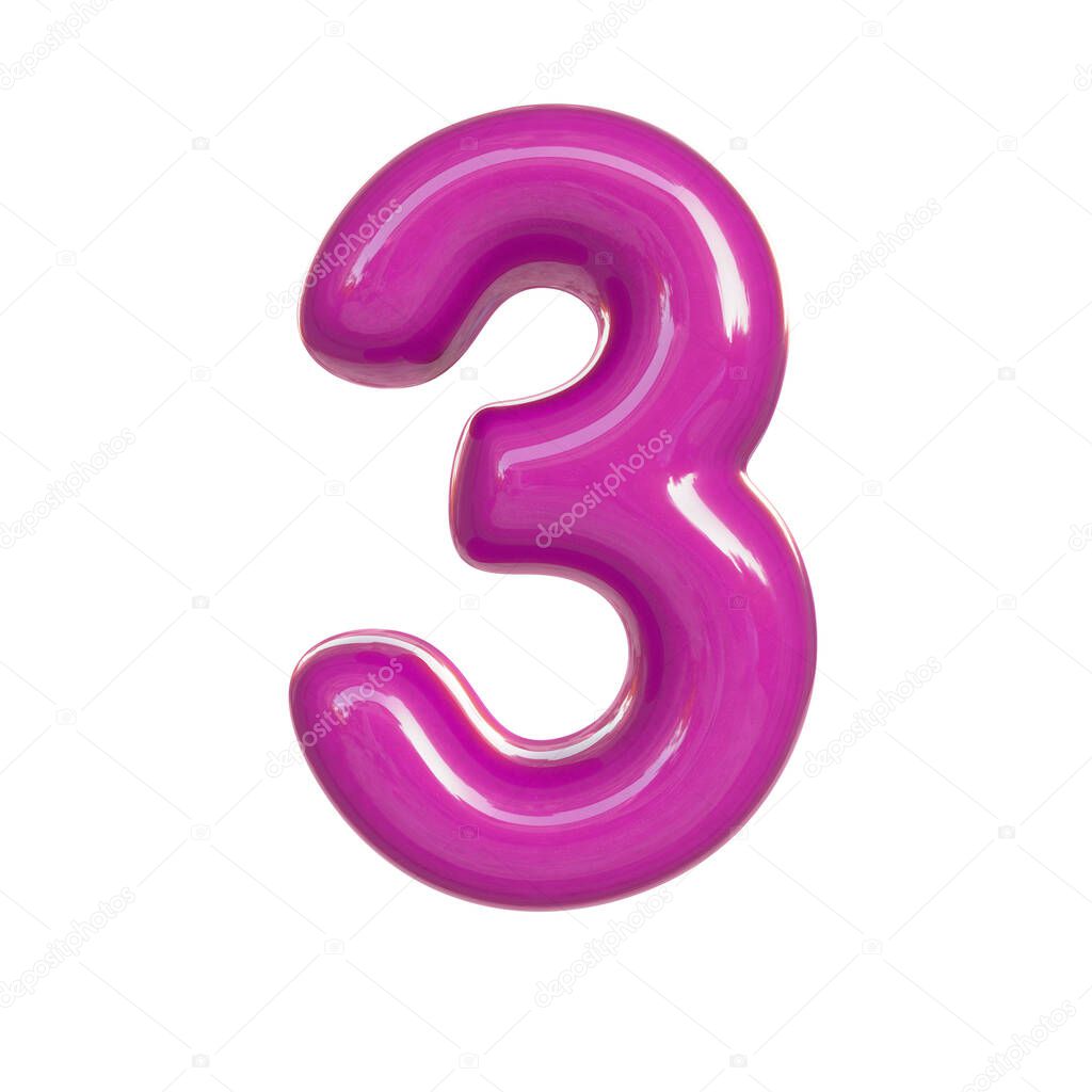 Glossy pink number three, 3. 3D render of bubble font isolated on white background