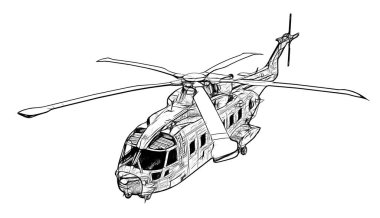 Beyaz arka planda izole edilmiş askeri helikopter - 3D görüntüleme