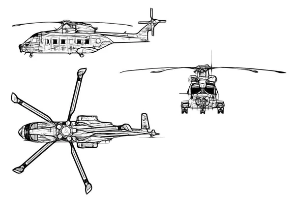 Beyaz arka planda izole edilmiş askeri helikopter - 3D görüntüleme