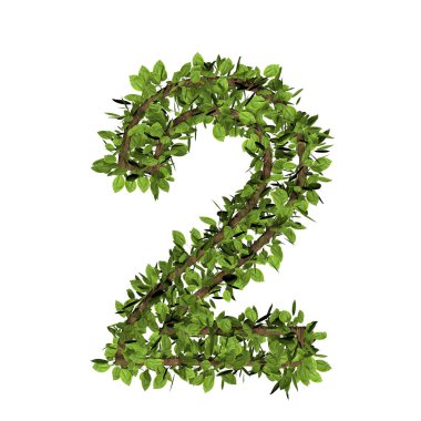 Yaprak stili iki numara, iki. Beyaz arkaplanda üç boyutlu çim yazı tipi görüntüsü izole edildi