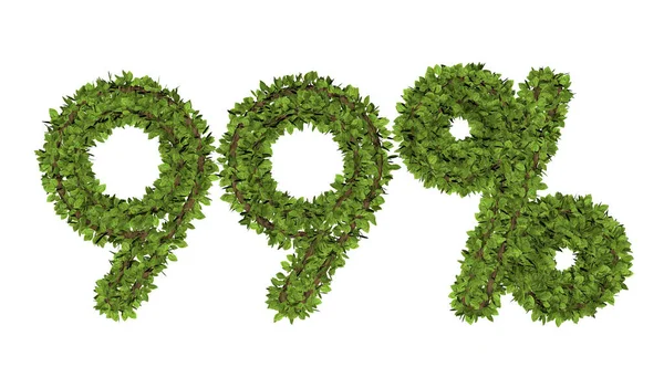 % 99 'luk beyaz arkaplanda 3D yorumlama metni. Yaprak biçimi metin.