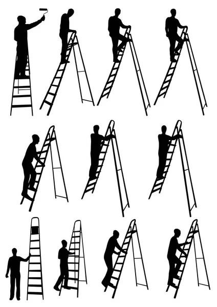 Mannen op ladders silhouetten — Stockvector