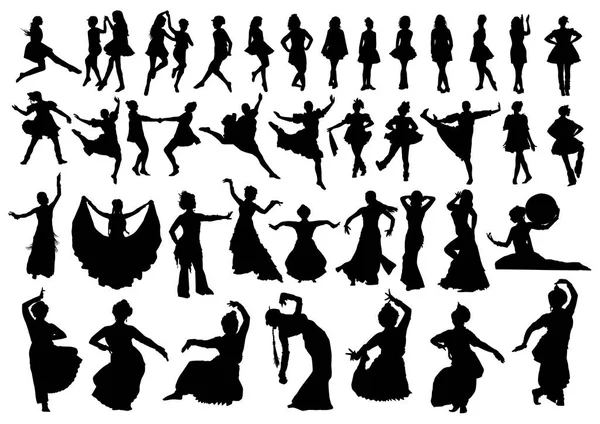 Aantal etnische dansers silhouetten — Stockvector