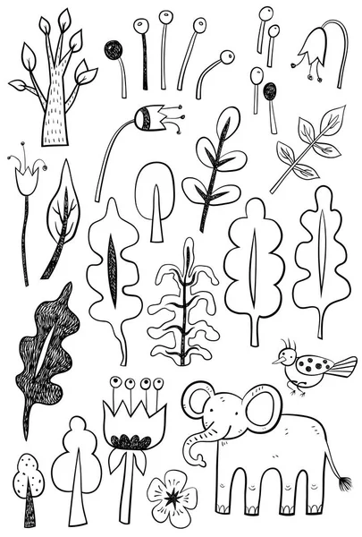 Von Hand gezeichnete Pflanzen und Tiere — Stockvektor
