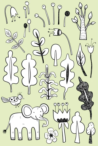 Ručně kreslené rostliny a zvířata — Stockový vektor