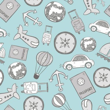 Mavi arka plan üzerinde seyahat karalamalar kümesi