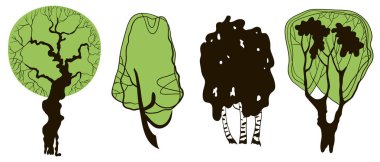 Beyaz arka plan üzerinde izole ağaçlar elle çizilmiş çeşitleri