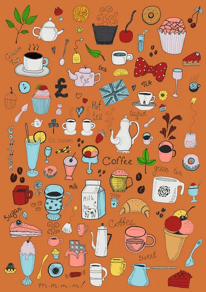 Symbole Für Kaffee Und Tee Und Dessert Auf Orangefarbenem Hintergrund — Stockvektor