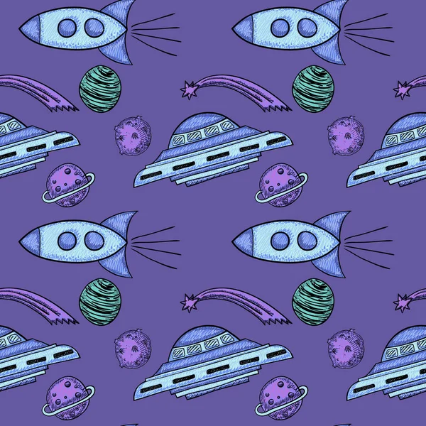 Ufo と惑星と紫色の背景のロケット手描き下ろしスペース落書き — ストックベクタ