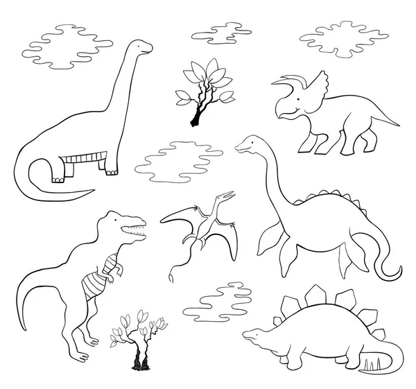 Dinosaurs Hands Drawn Set Isolated White Background — Stock Vector