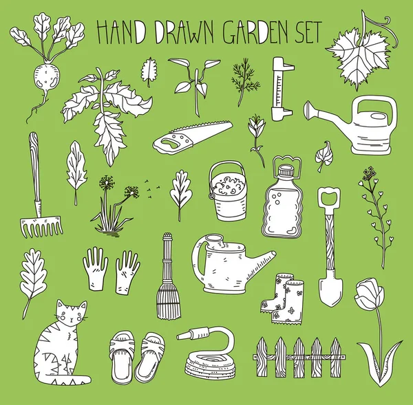 Hand Drawn Garden Set Green Background — Stock Vector