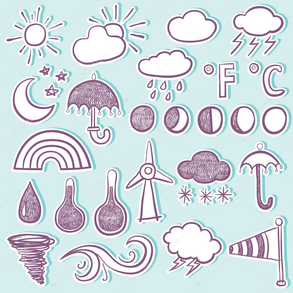 Hand drawn weather symbols on light blue background