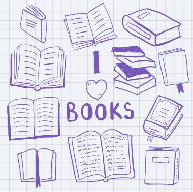 Kitap seti doodles izole üzerinde grafik hüküm arka plan