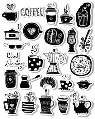 Gıda nesneleri beyaz arka plan siyah el çekilmiş