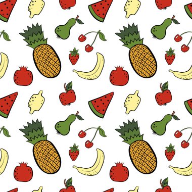 Beyaz arka plan üzerinde parlak renkli elle çizilmiş meyve işaretleri