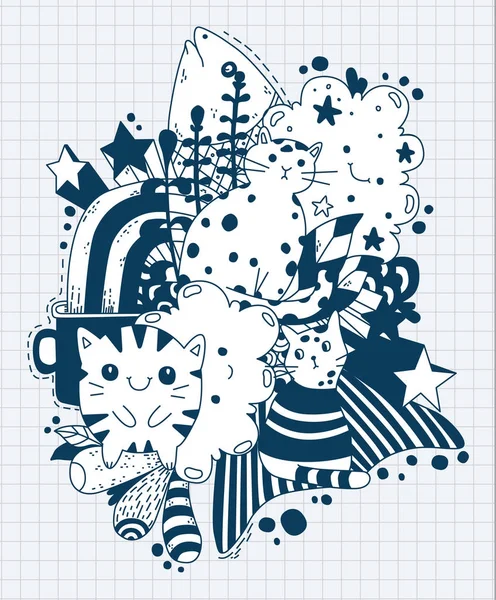 有趣的卡通猫在图形统治背景 — 图库矢量图片