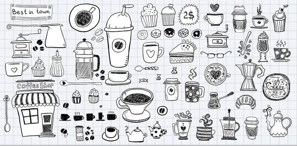 Objets Alimentaires Dessinés Main Noirs Sur Fond Graphique — Image vectorielle