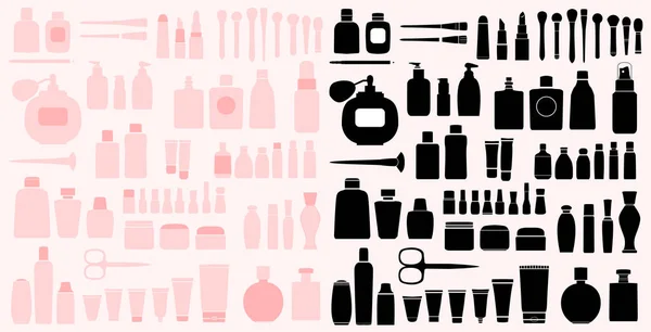 Set Van Cosmetica Roze Zwarte Kleuren Witte Achtergrond — Stockvector