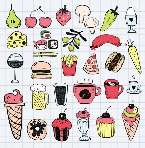 Colorato Mano Disegnato Oggetti Alimentari Contro Grafico Governato Sfondo — Vettoriale Stock