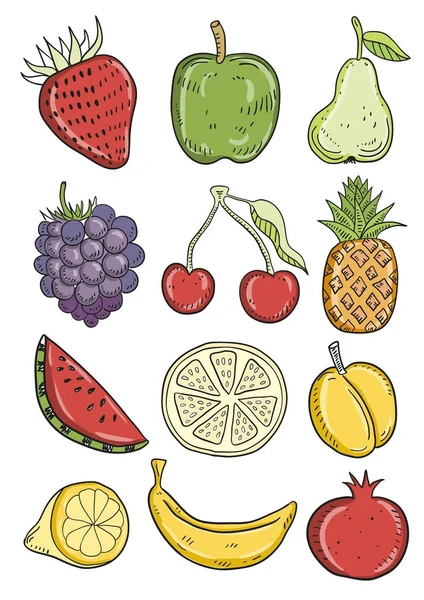 Carteles Frutas Dibujadas Mano Colores Brillantes Sobre Fondo Blanco — Vector de stock