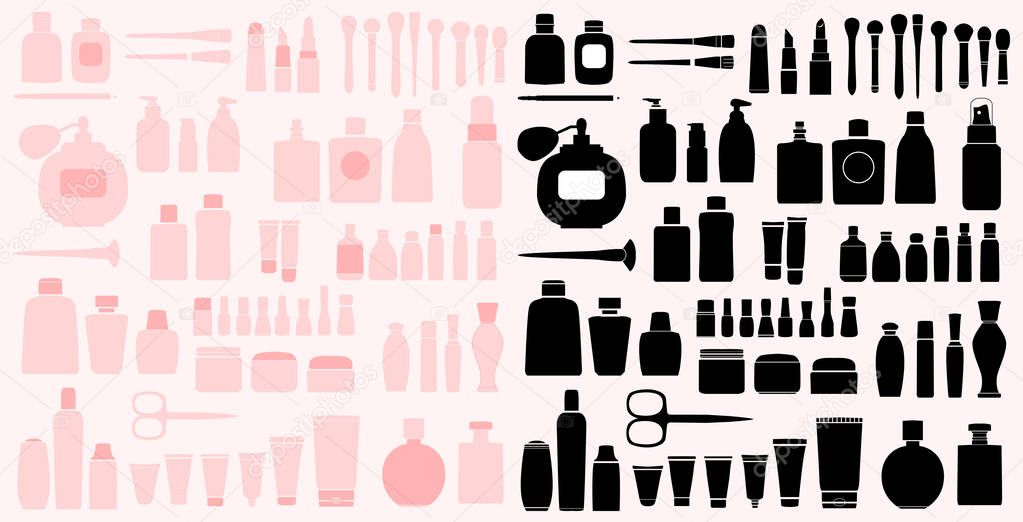 Set of cosmetics in pink and black colors on white background