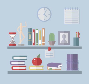 Düz renkli rafları kitaplarla tasarımını