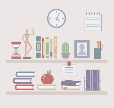 Düz renkli rafları kitaplarla tasarımını