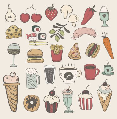 Elle çizilmiş besin öğeleri ve simgeler