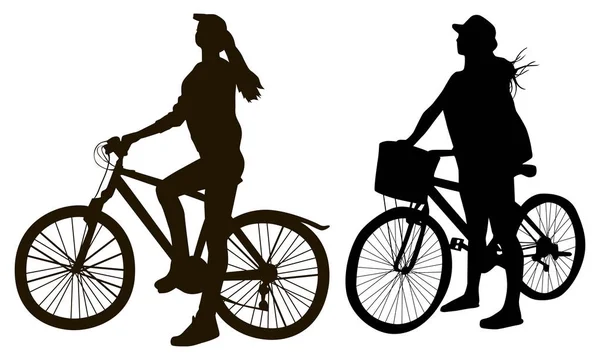 Mädchen Auf Einer Radtour Detaillierte Silhouetten — Stockvektor