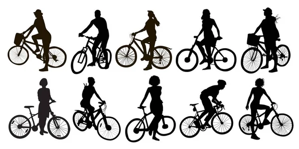 Chica Paseo Bicicleta Siluetas Detalladas — Vector de stock