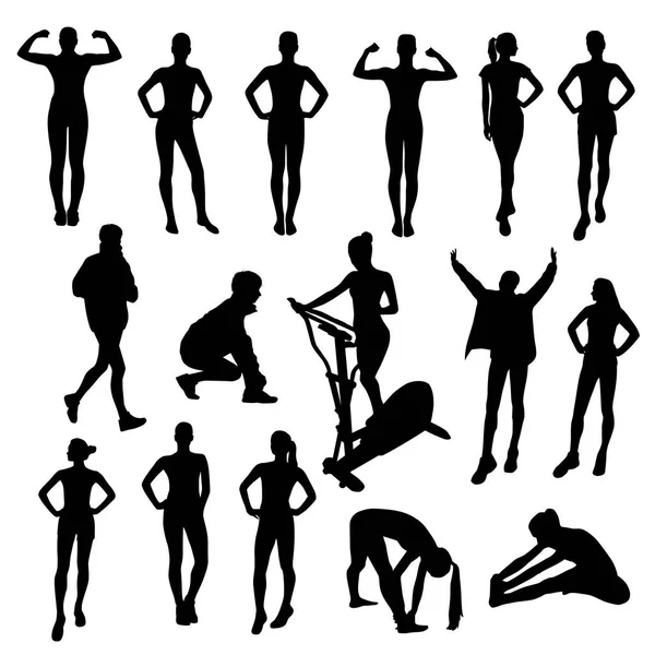 Fitness People Silhouettes Healthy Lifestyle Concept — Stock Vector