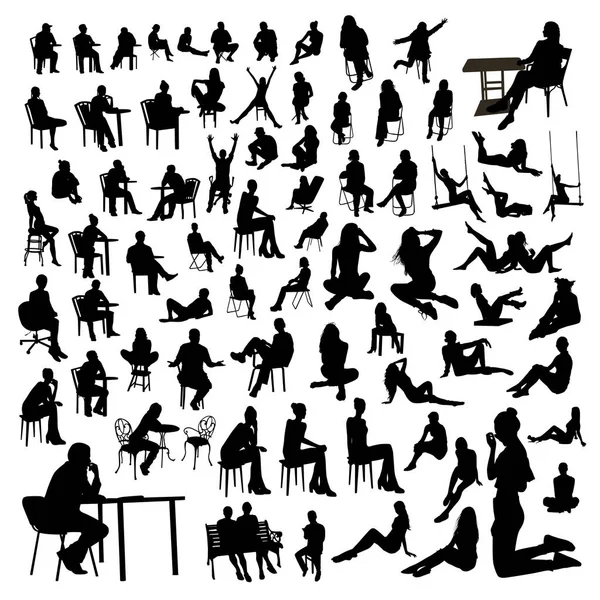 Vector Set Sitting People Silhouettes — Stock Vector