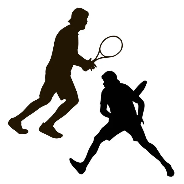 Jogadores Tênis Segurando Raquetes Silhueta — Vetor de Stock