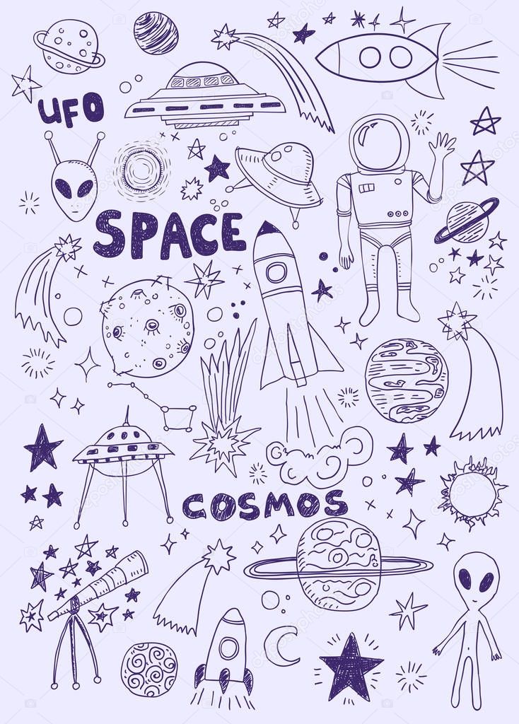 Hand drawn space doodle set 