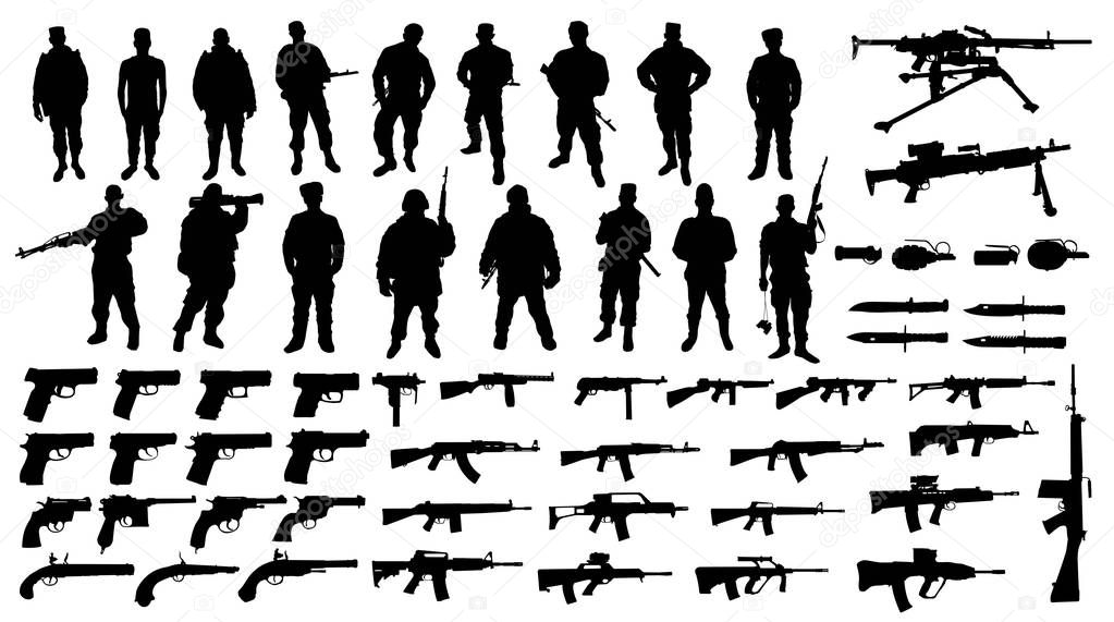 Set of soldier and gun silhouettes icons